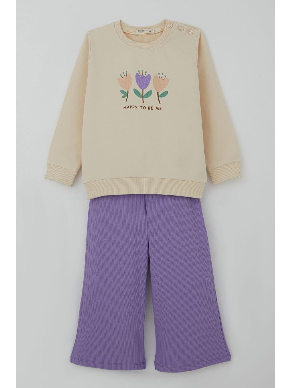 Ekru Kız Çocuk Takım Özgüven Temalı Pırıltılı Laleler Baskılı Krem (1.5-5 Yaş)