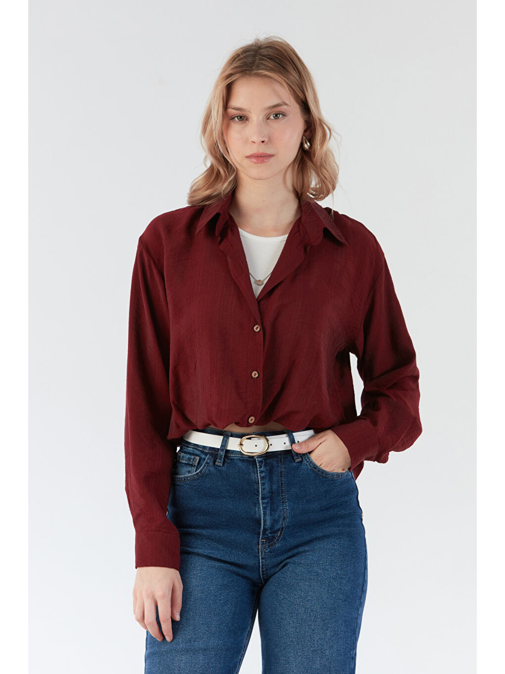 Bordo Basic Body Detaylı Kolyeli Gömlek-3