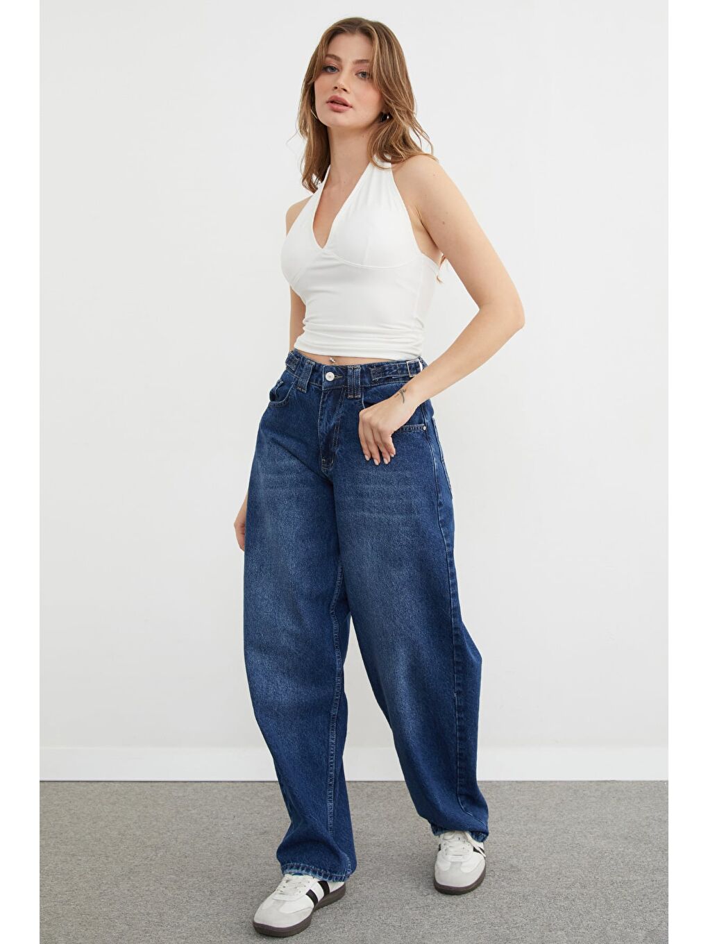 Lacivert Beli Tokalı Baggy Jean-2