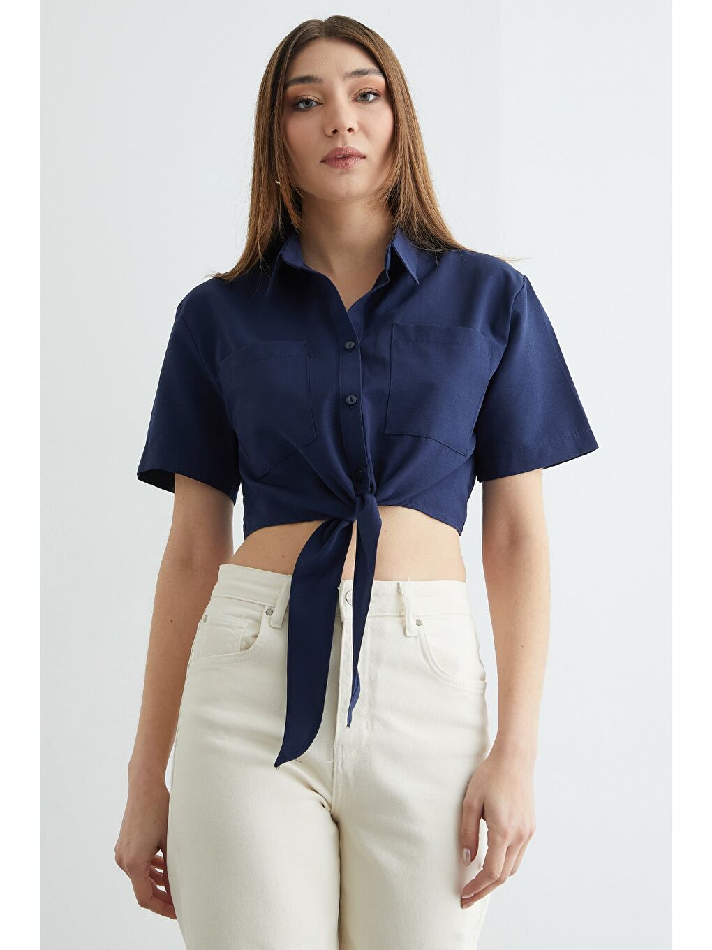 Lacivert Önü Bağlamalı Çift Cepli Crop Gömlek-1