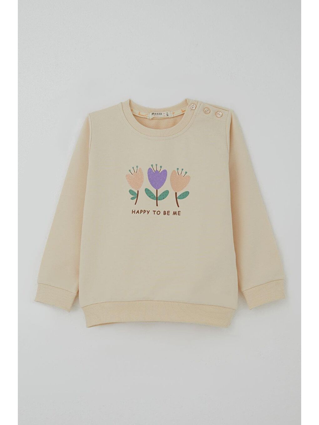 Ekru Kız Çocuk Takım Özgüven Temalı Pırıltılı Laleler Baskılı Krem (1.5-5 Yaş)-1