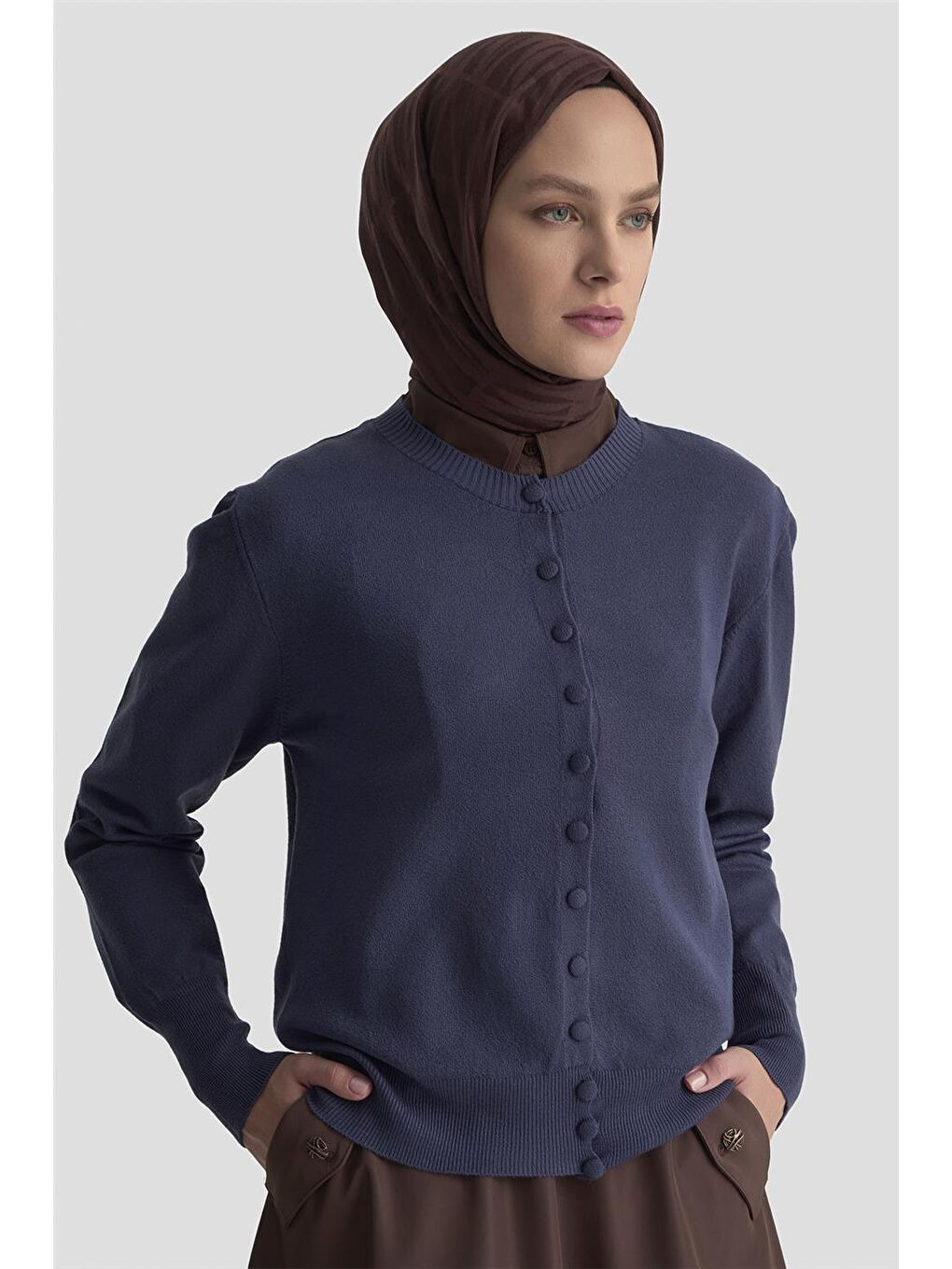 Düğme Detaylı Basic Hırka 25Kd7012 İndigo-3