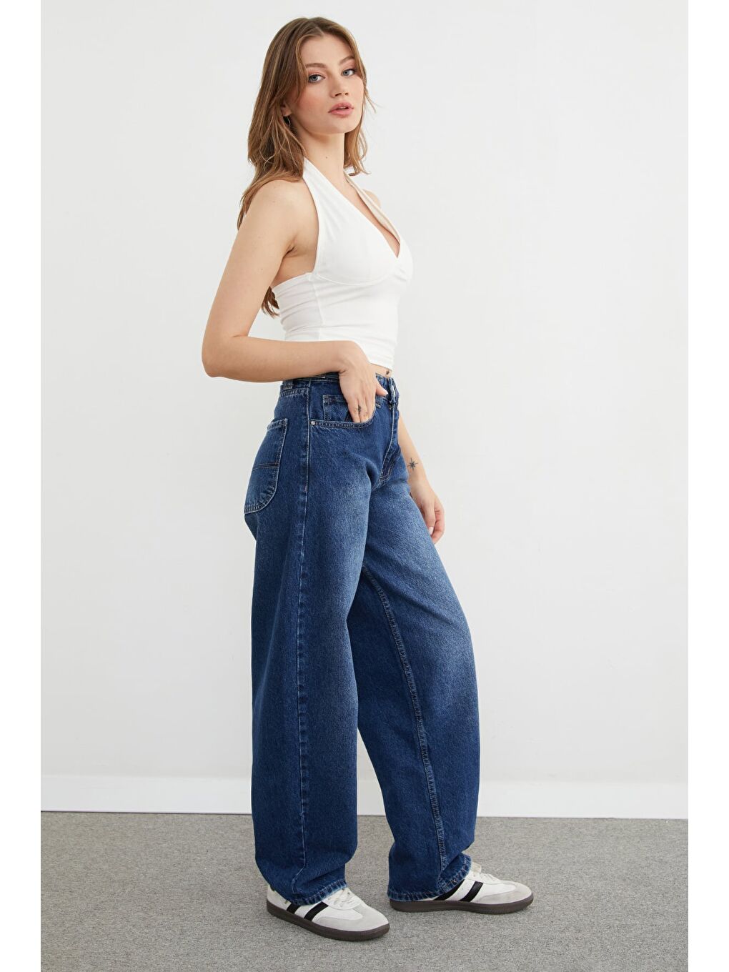 Lacivert Beli Tokalı Baggy Jean-3