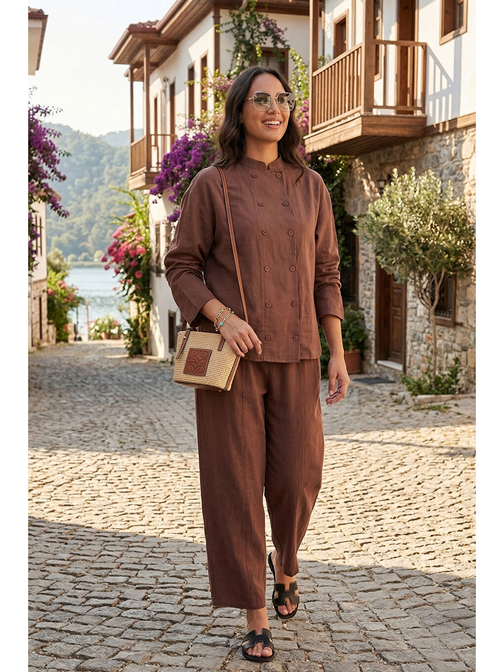 Kahverengi Pamuklu Hakim Yaka Kruvaze Düğmeli Kadın Takım 6928978