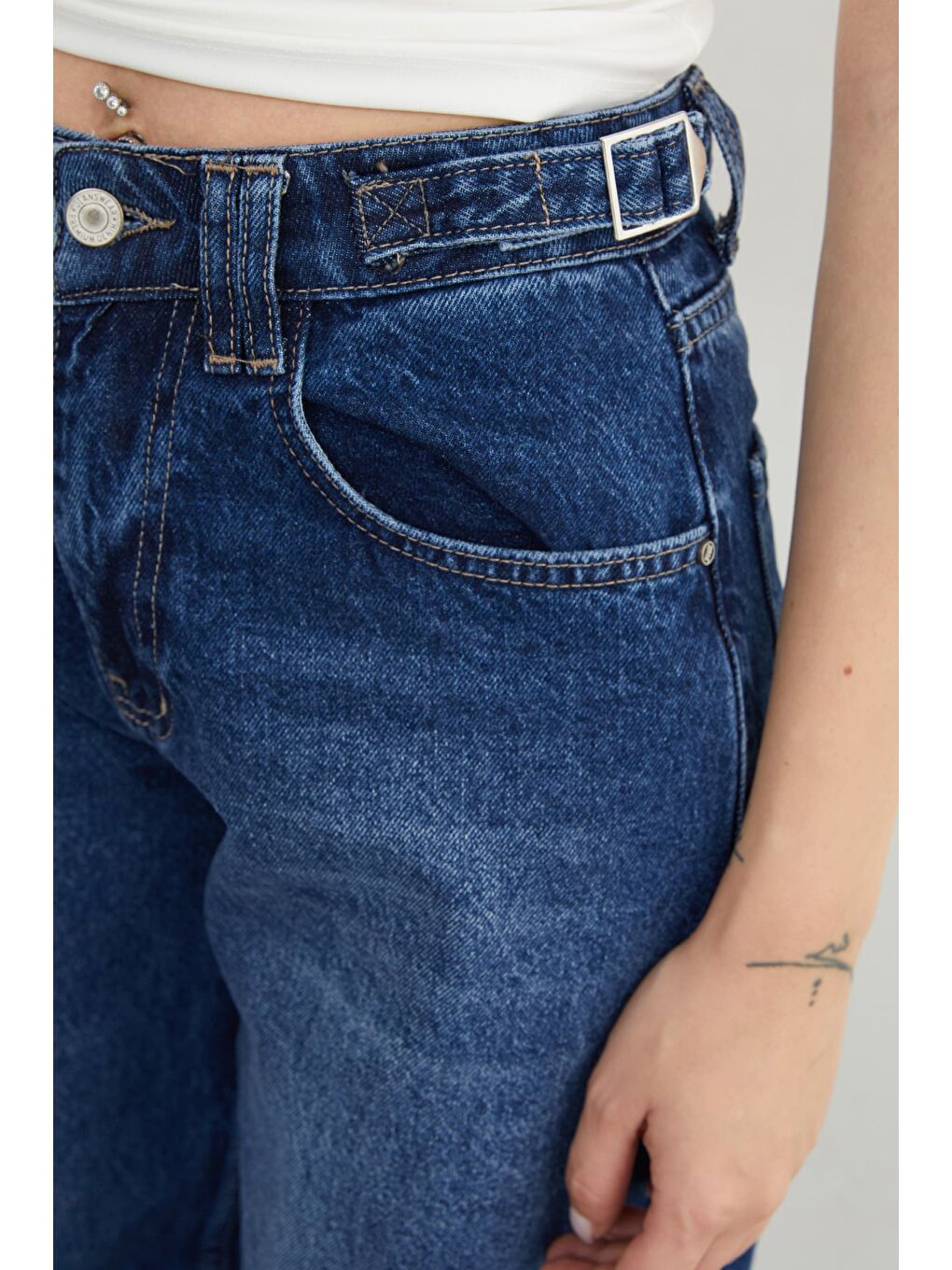 Lacivert Beli Tokalı Baggy Jean-4