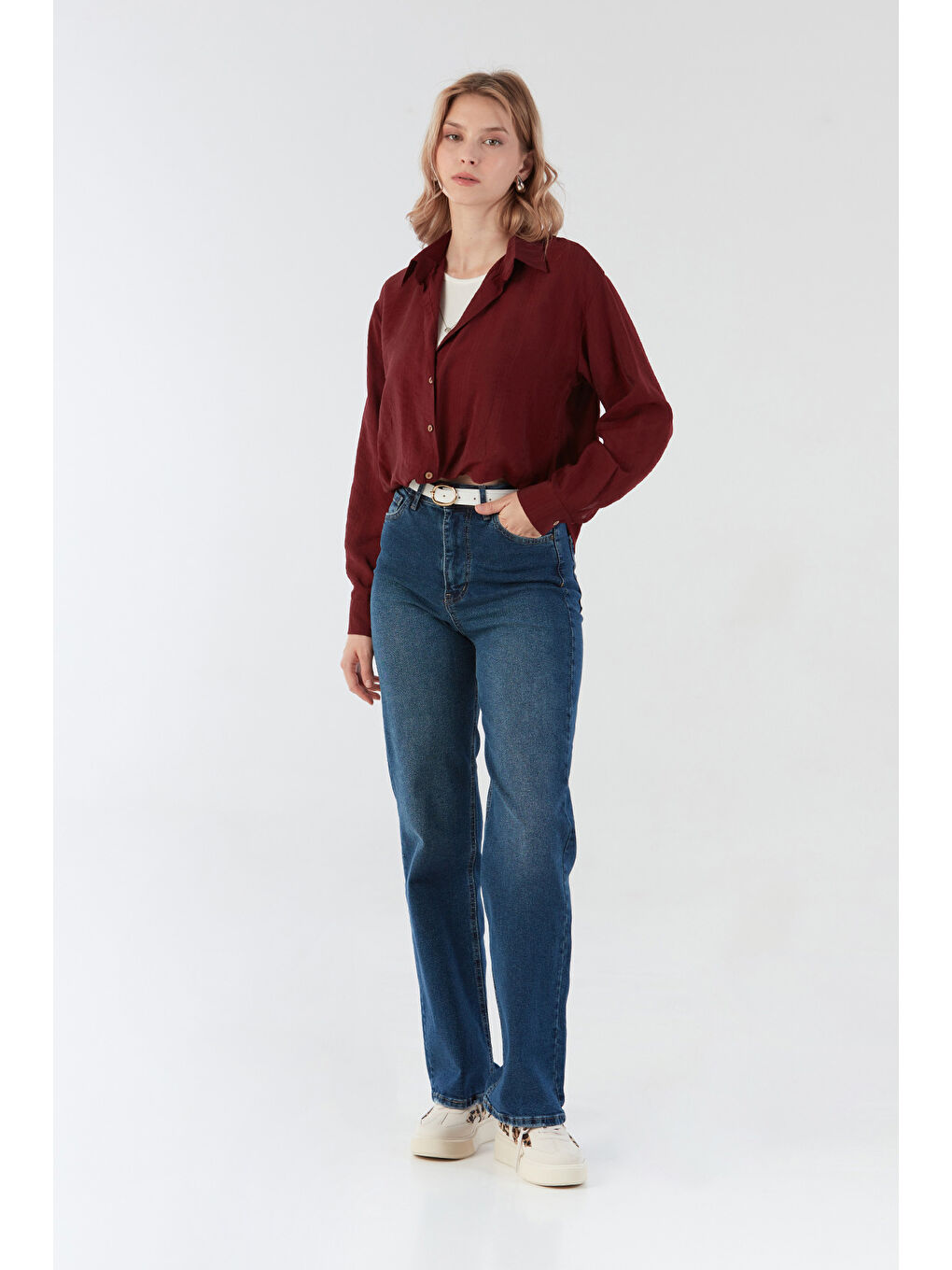 Bordo Basic Body Detaylı Kolyeli Gömlek-4