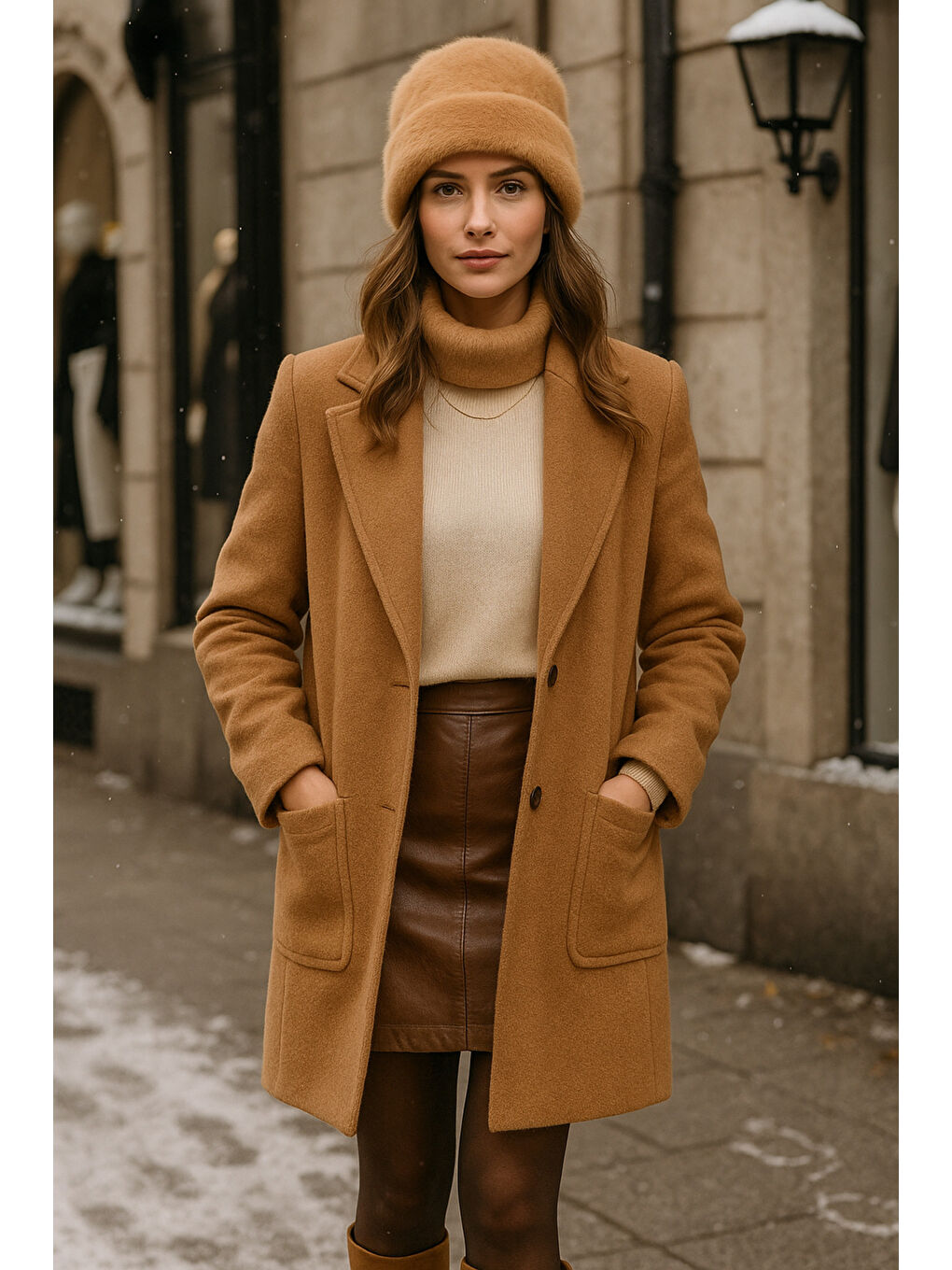 Kahverengi Kadın Camel Yünlü Pelüş Bere BERE1146-1