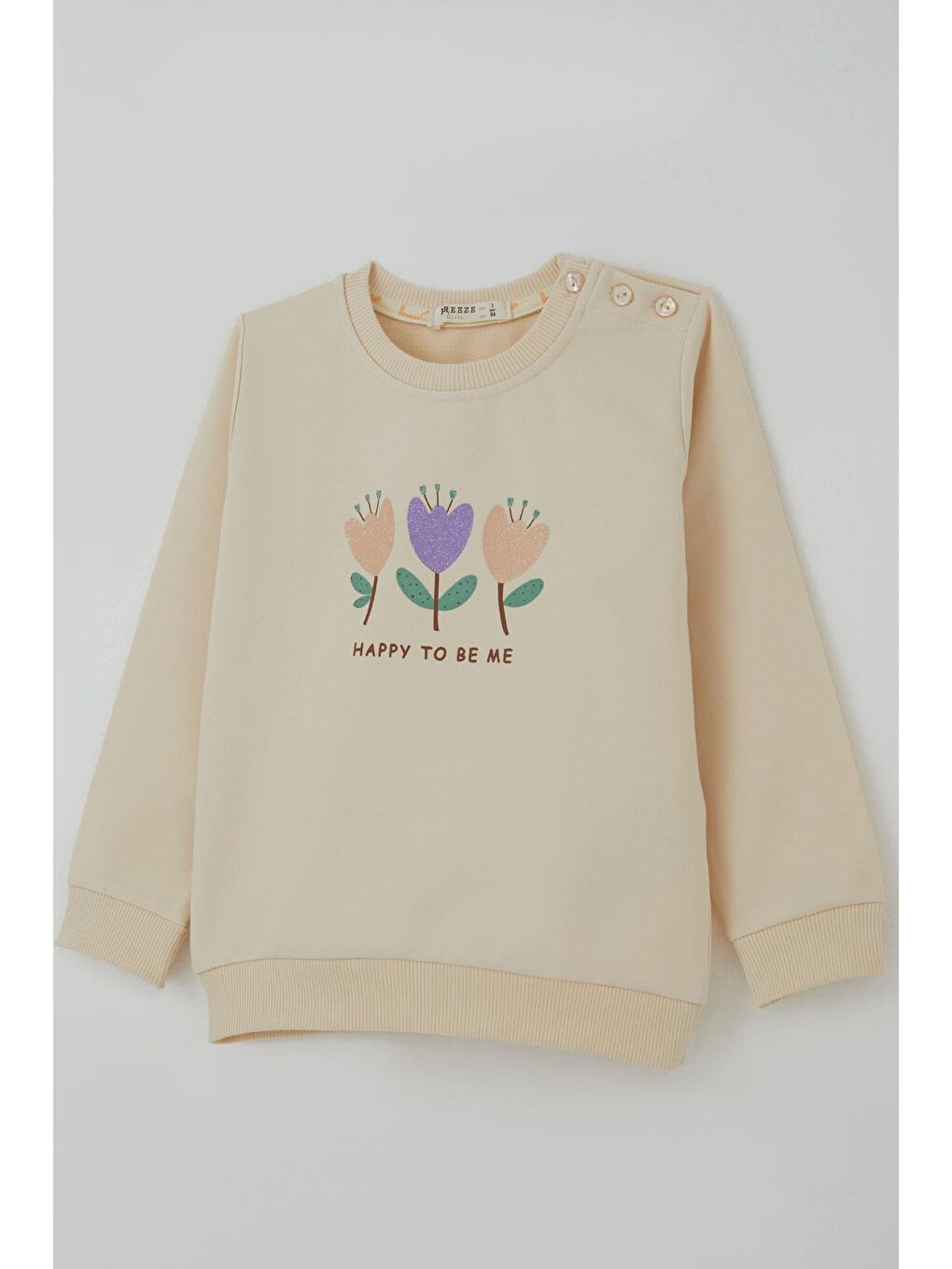 Ekru Kız Çocuk Takım Özgüven Temalı Pırıltılı Laleler Baskılı Krem (1.5-5 Yaş)-5