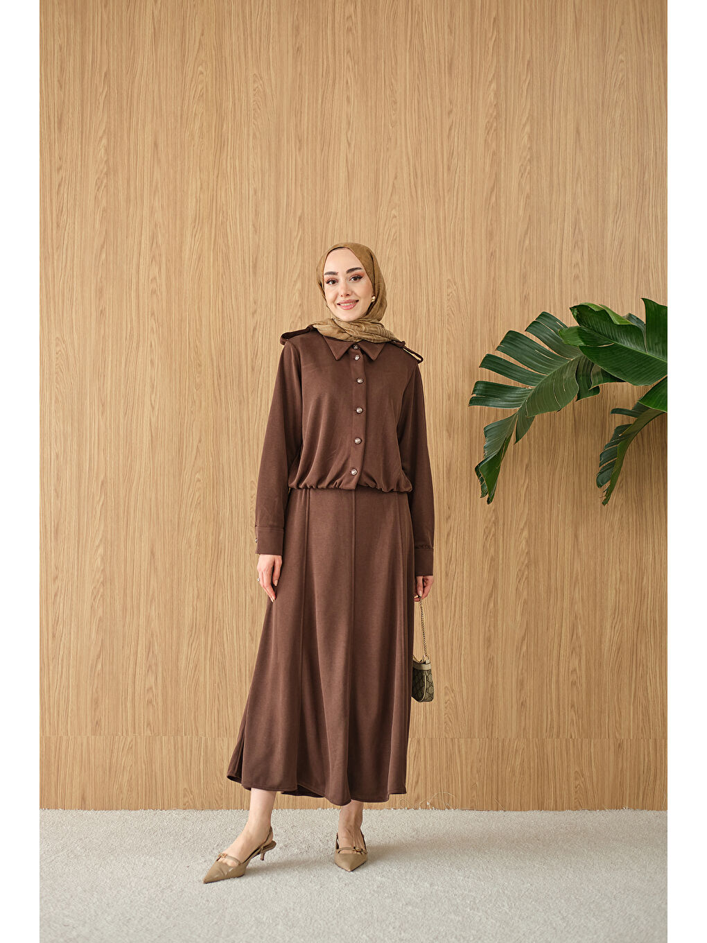 Kadın Gömlek Yaka Gümüş Düğme Detay Takım Kahverengi-2