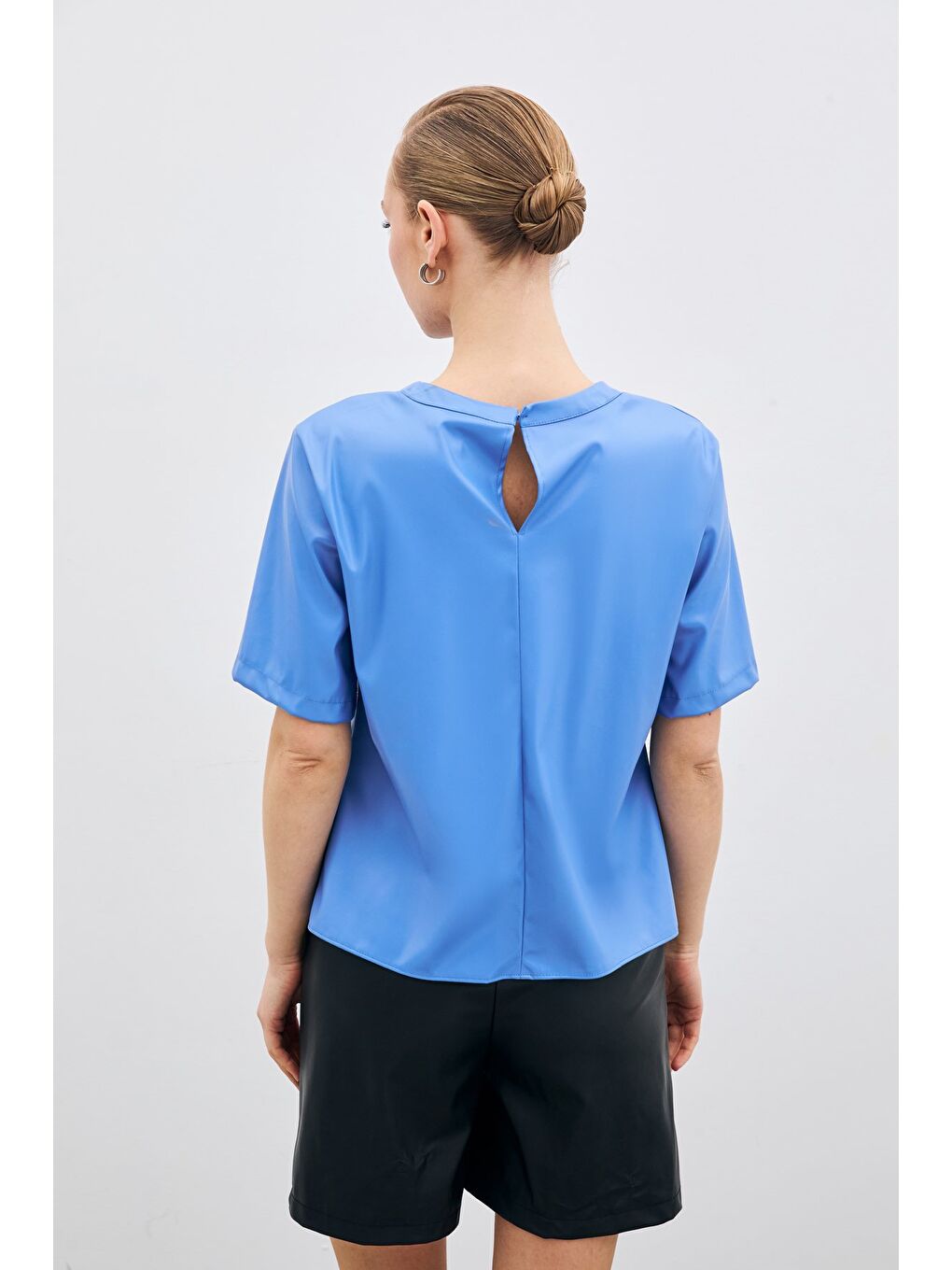 SATEEN Kısa Kol Deri Bluz - Mavi - 3