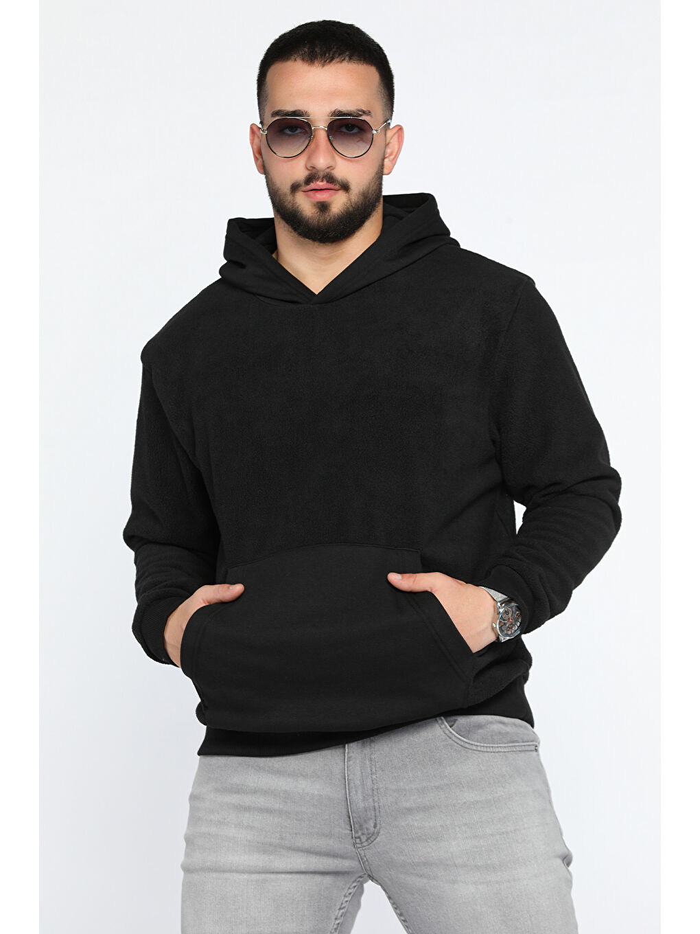 Mishar İtalia Siyah Erkek Kapüşonlu Kanguru Cepli Polar Sweatshirt