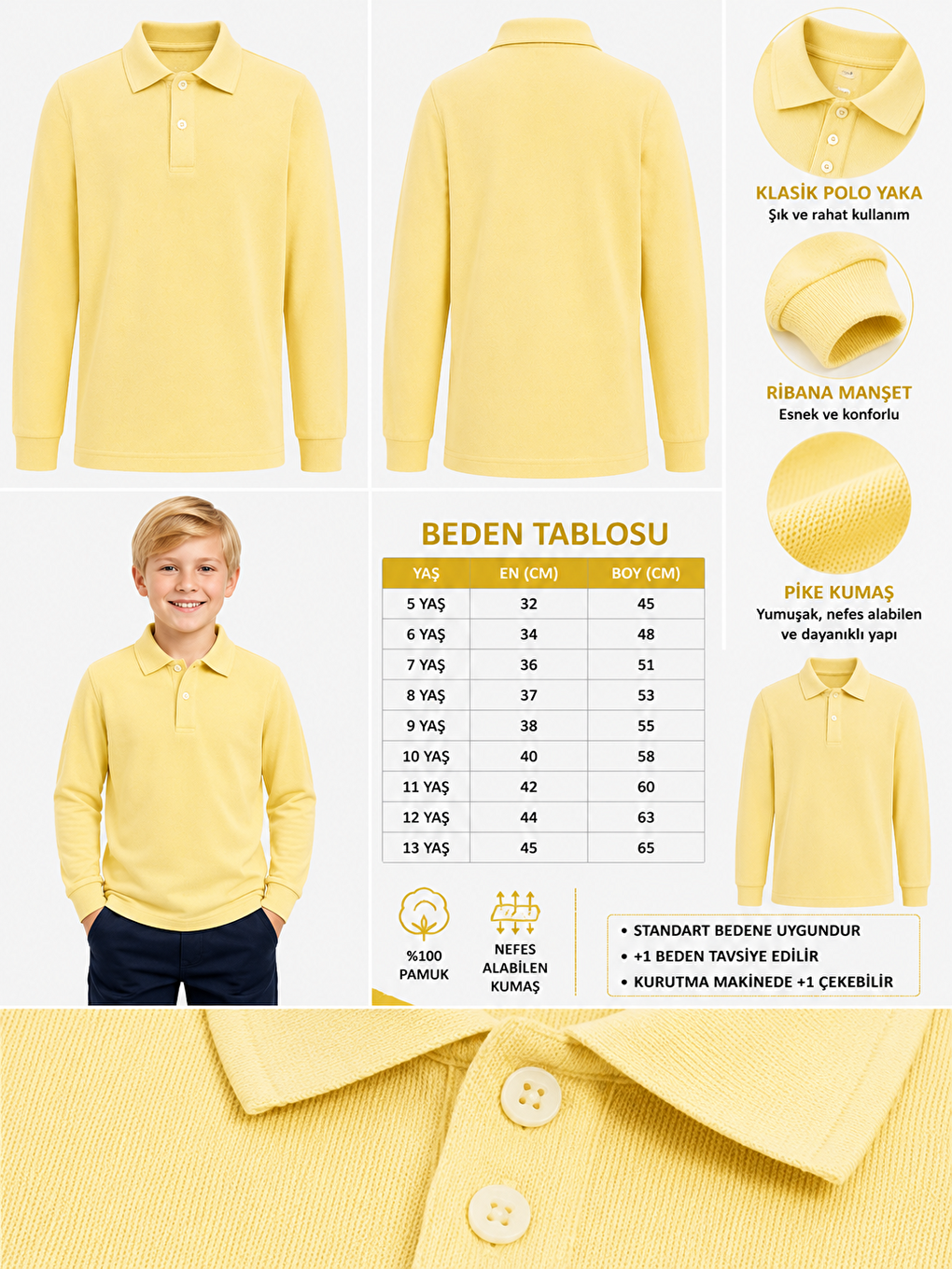 Sarı Kids Polo Yaka Basic Uzun Kollu Unisex Erkek Çocuk Tişört-2