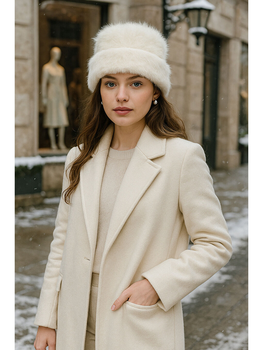 Kadın Ekru Yünlü Pelüş Bere BERE1146