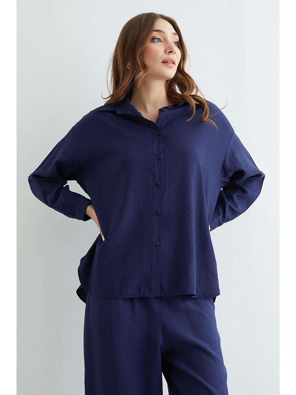 Lacivert Basic Düğmeli Salaş Krinkıl 2 Li Takım-1