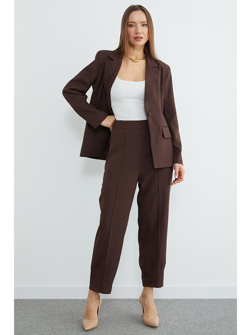 Kahverengi Omuz Vatkalı Çimalı Pensli 2 Li Takım-2