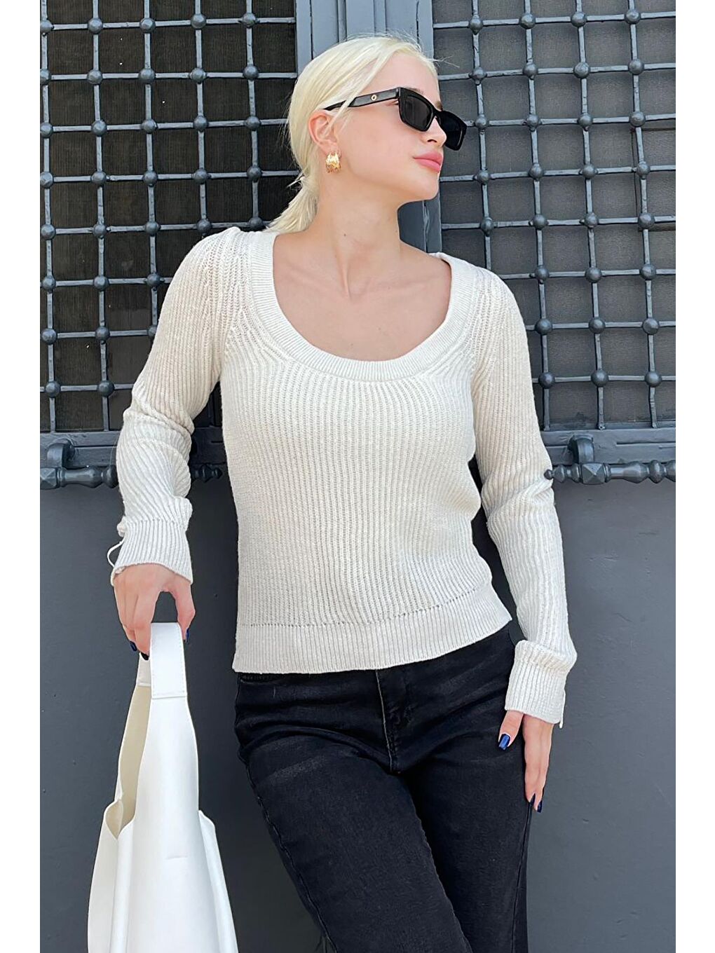 Bej Bisiklet Yaka Basic Örme Kazak Mg2189-1