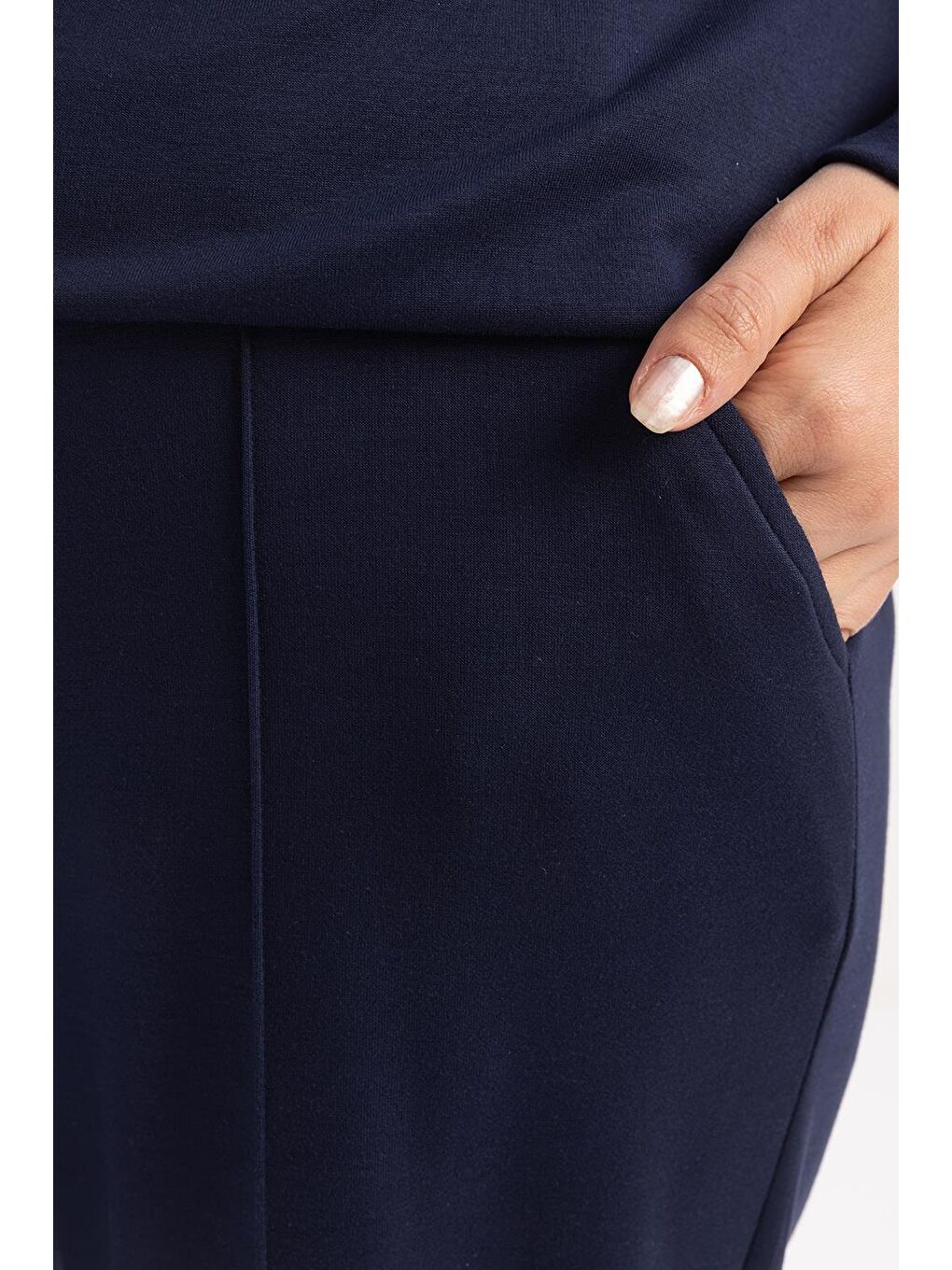 Lacivert-Bol Paça Yırtmaçlı Elastanlı Örme Pantolon-3