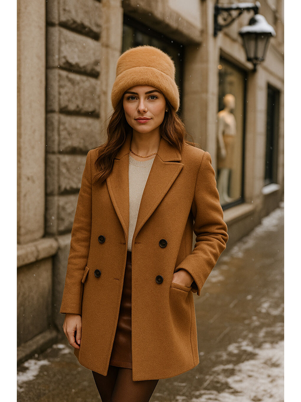 Kahverengi Kadın Camel Yünlü Pelüş Bere BERE1146-2