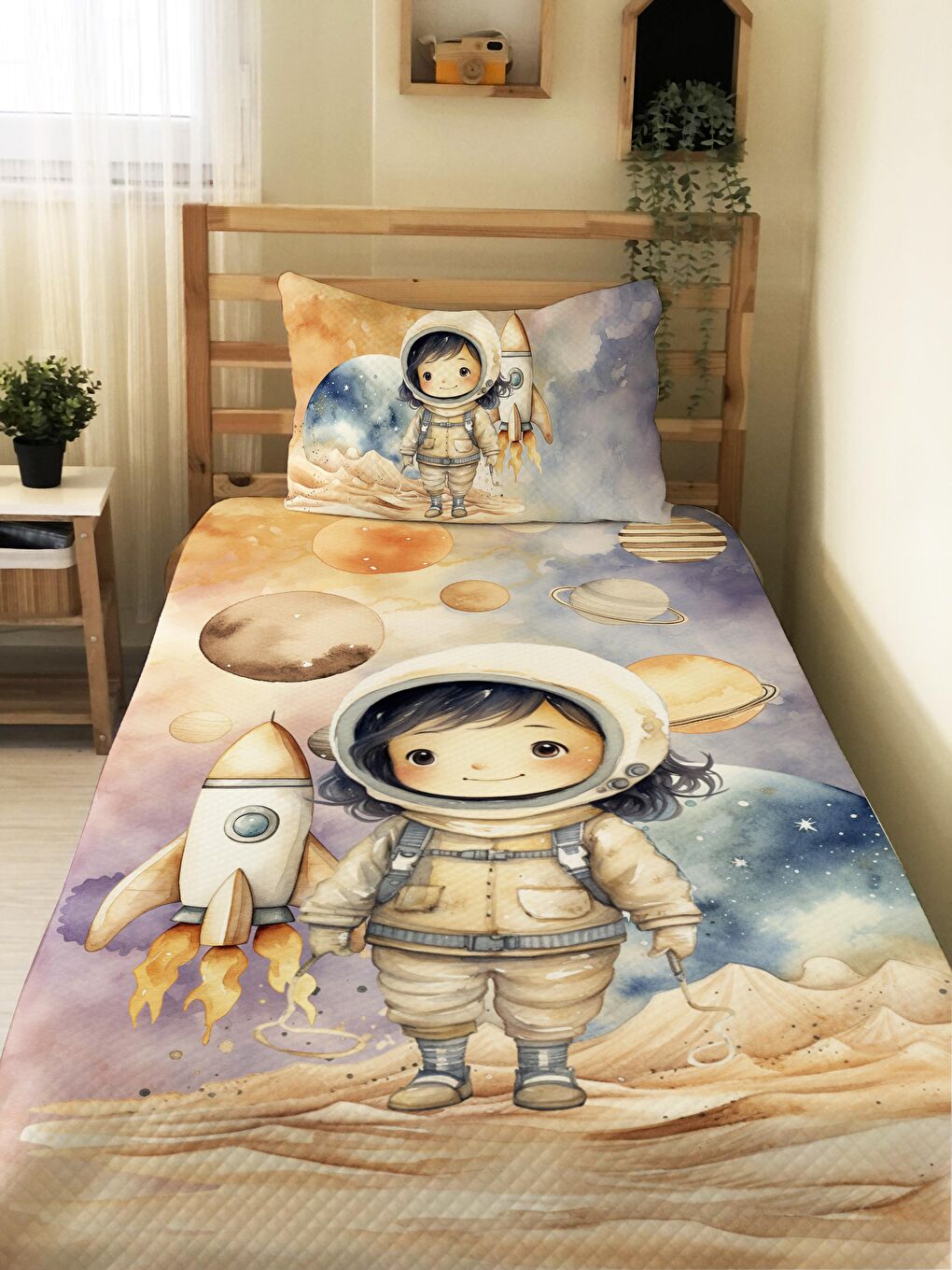 EVMİLA Karışık Astronot  Desenli Çocuk Tek Kişilik Pike Takımı 160x220 cm