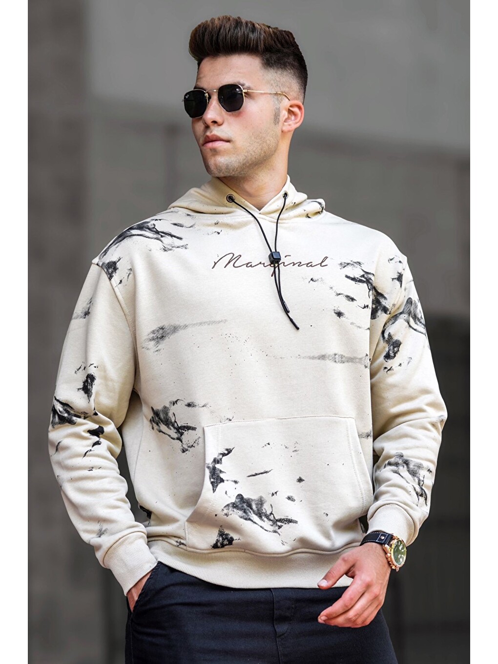 Bej Erkek Kapüşonlu Sweatshirt Hoodie 5291-1