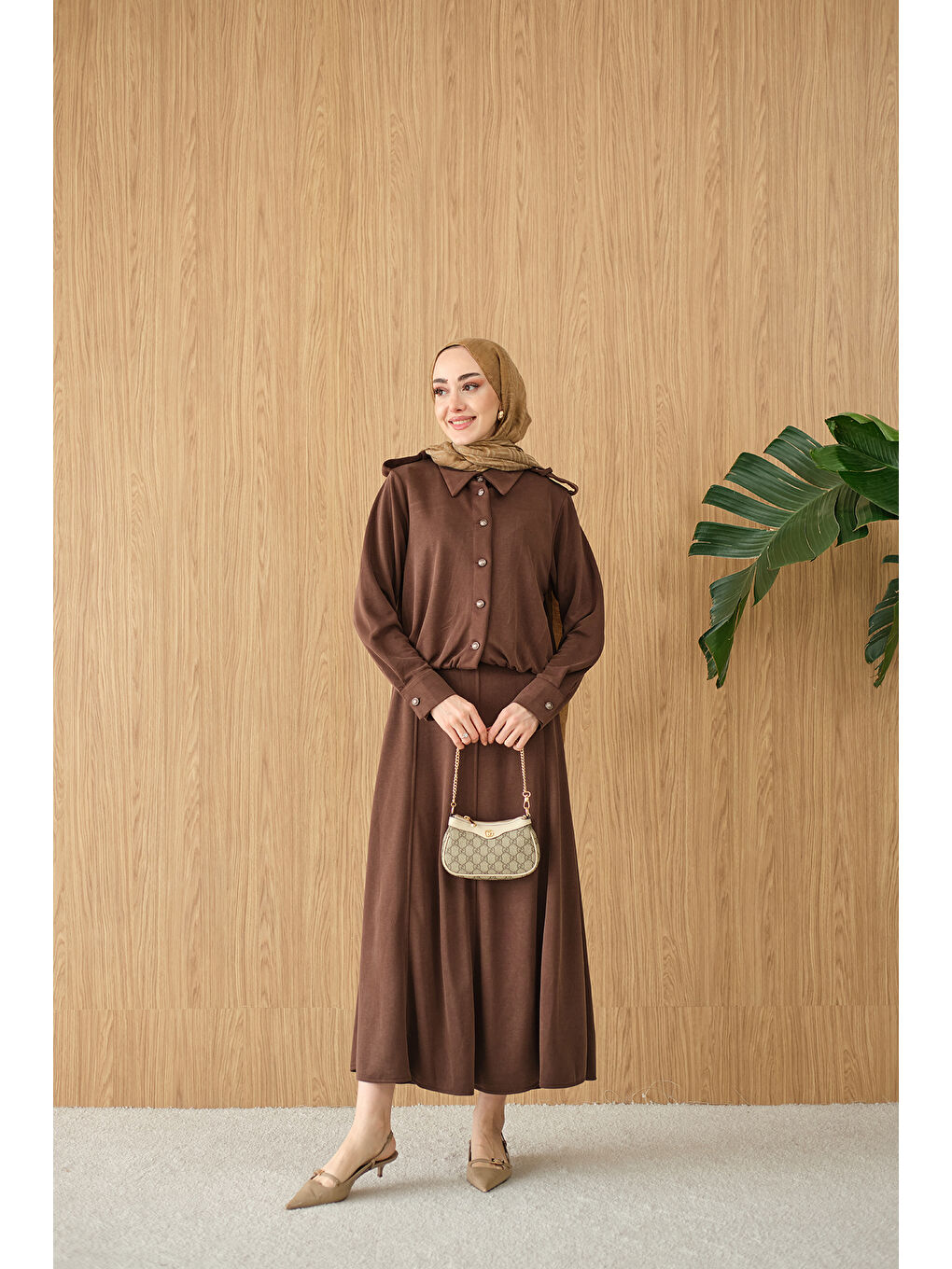 Kadın Gömlek Yaka Gümüş Düğme Detay Takım Kahverengi-4