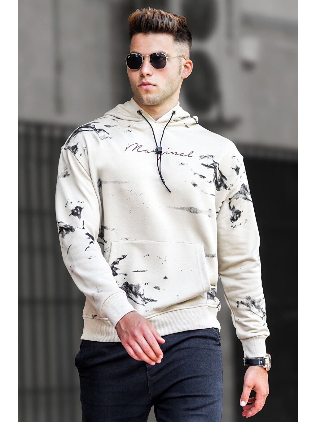 Bej Erkek Kapüşonlu Sweatshirt Hoodie 5291-2