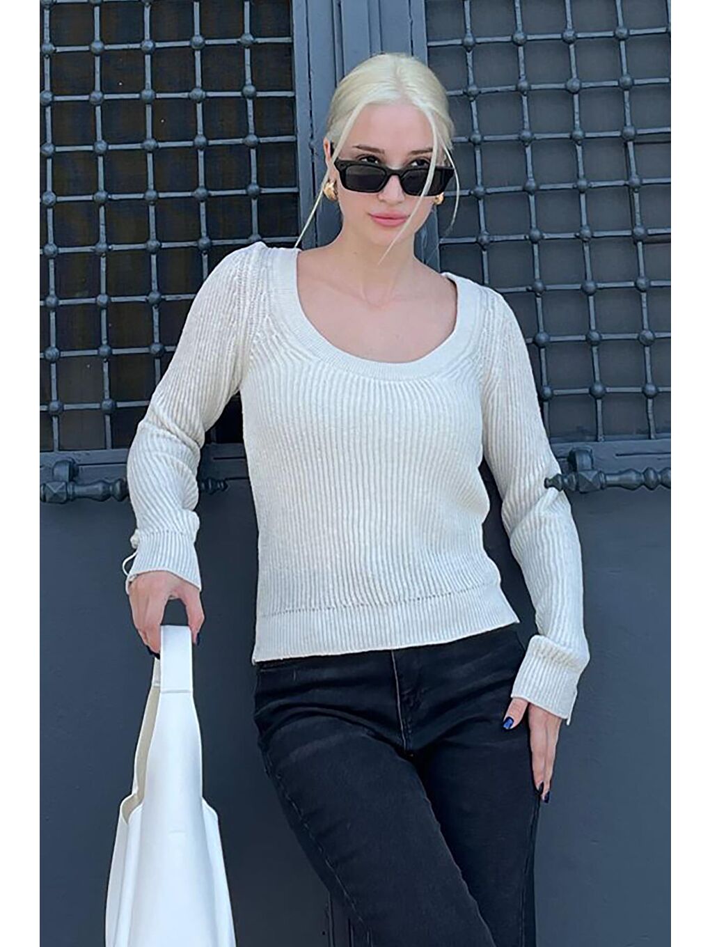 Bej Bisiklet Yaka Basic Örme Kazak Mg2189-3