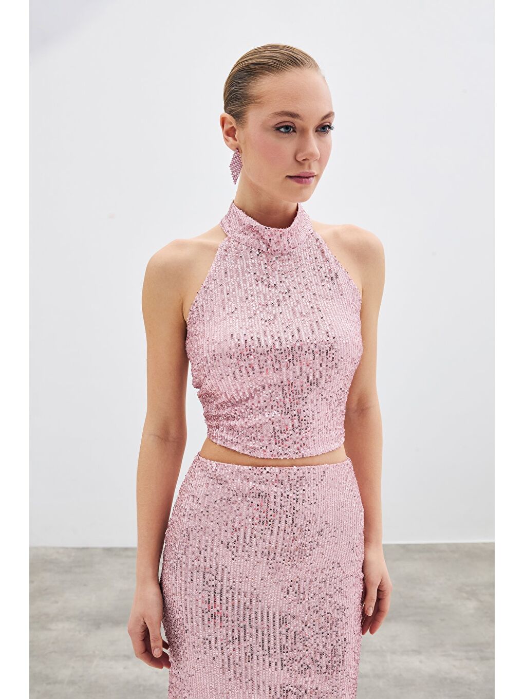 SATEEN Pembe Kolsuz Payetli Bluz - Pudra