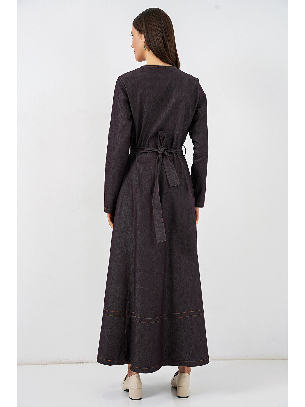 Kadın Kuşaklı Uzun Denim Elbise 2595 - Kahverengi-4