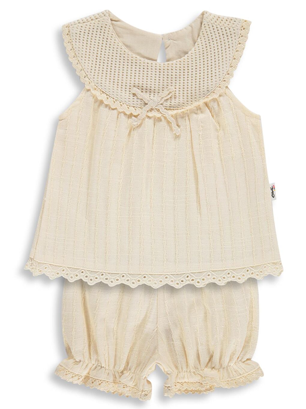 Ekru Baby Yaka Dantelli Çizgili Kumaş 6-18 Ay Takım - Bej