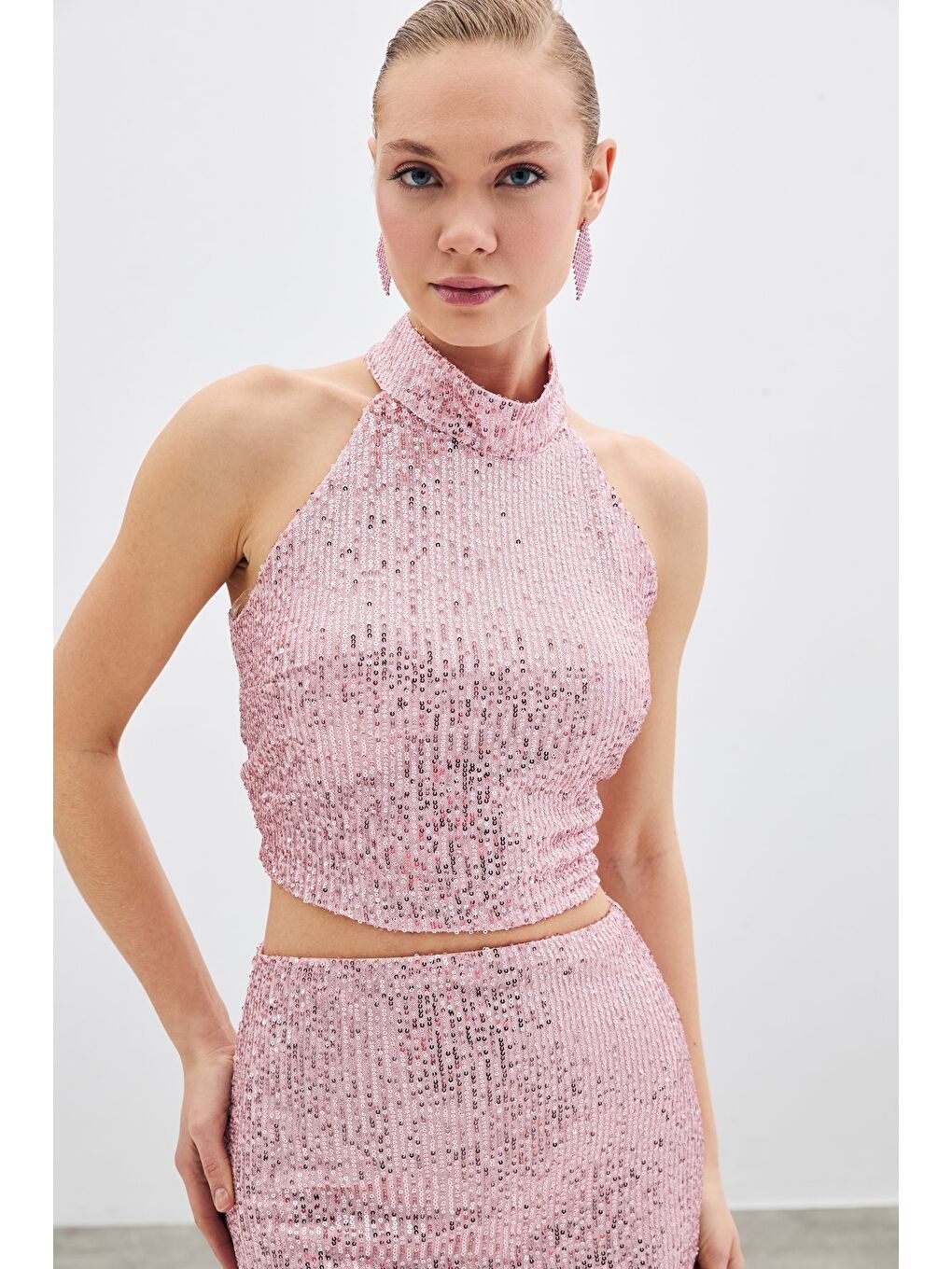 SATEEN Pembe Kolsuz Payetli Bluz - Pudra - 1