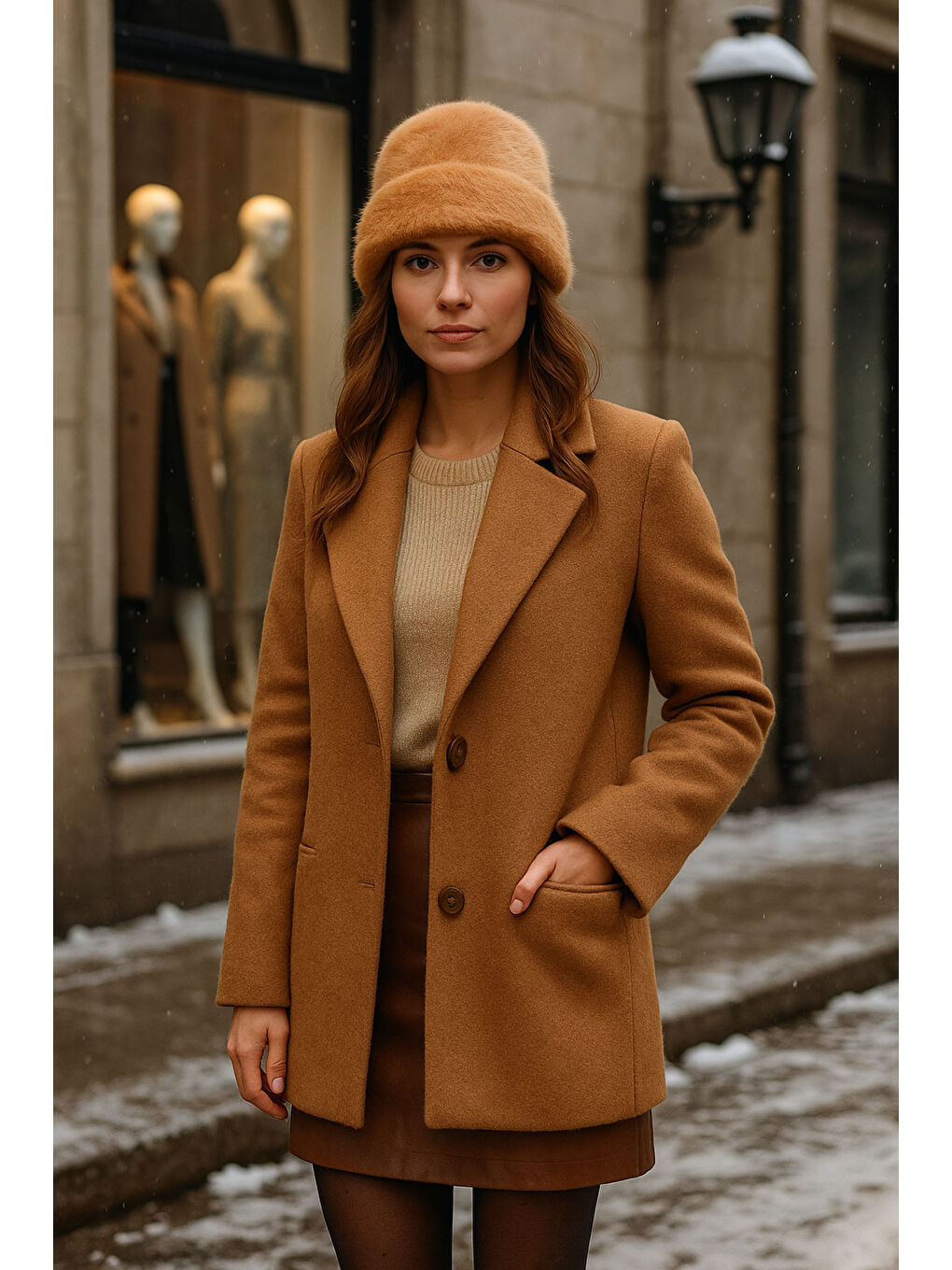 Kahverengi Kadın Camel Yünlü Pelüş Bere BERE1146-3