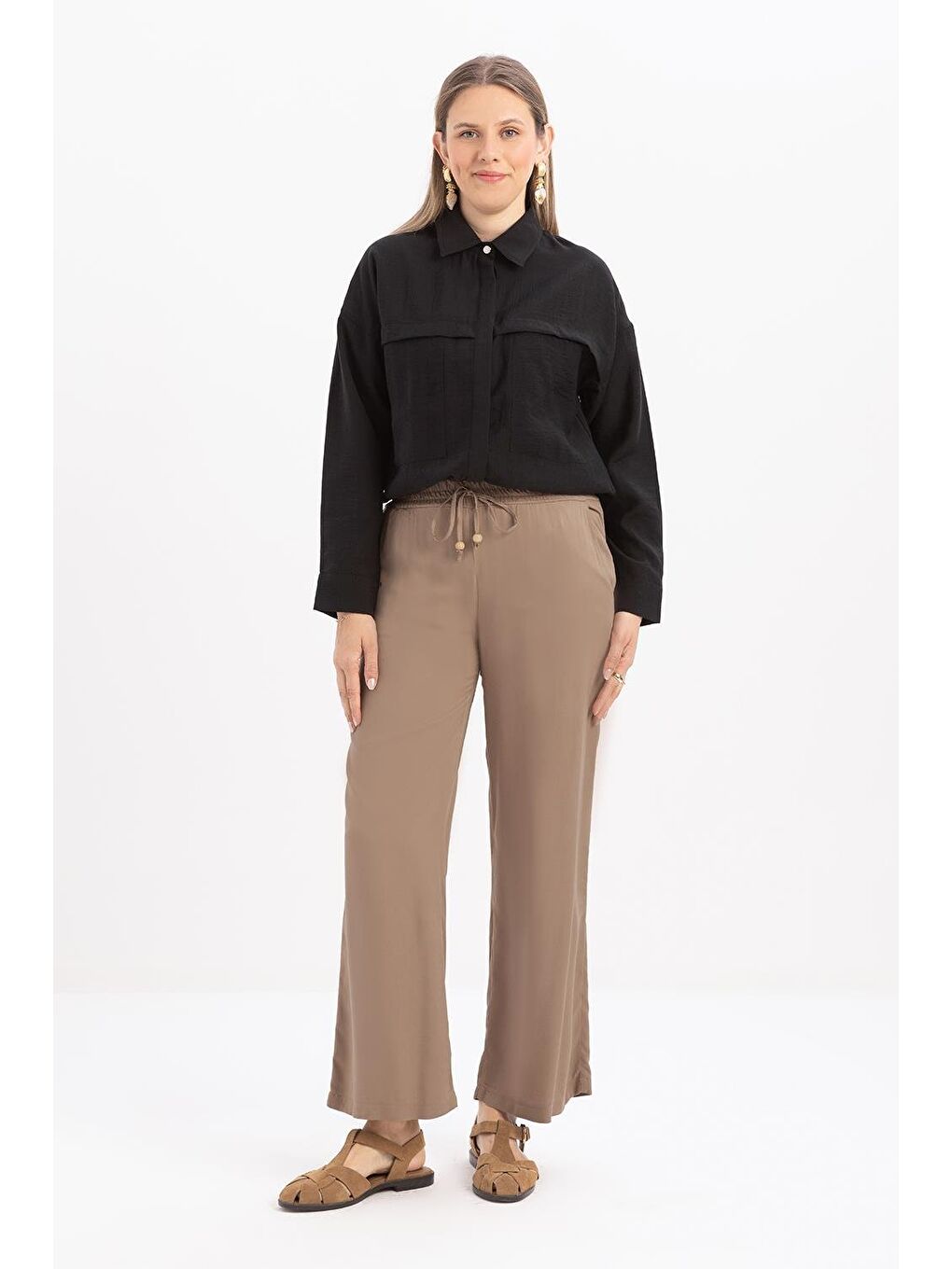 Bej Vizon-Beli Lastikli Pantolon-1