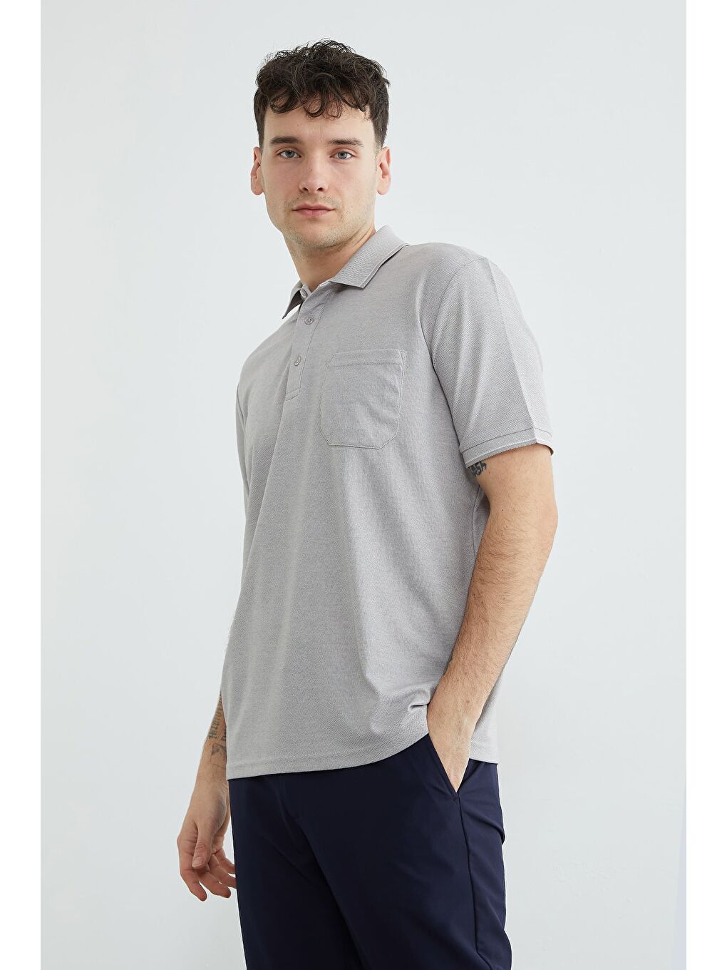 Gri Tek Cepli Polo Yaka Tişört-2