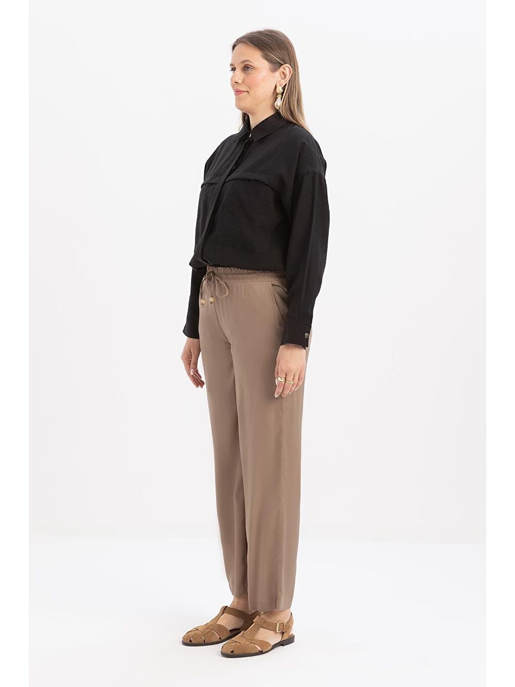 Bej Vizon-Beli Lastikli Pantolon-2