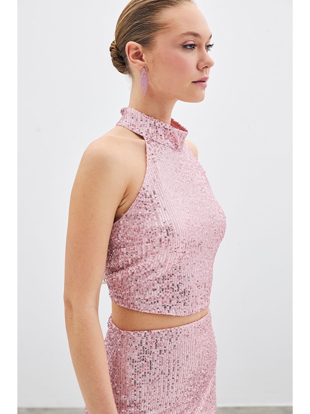 SATEEN Pembe Kolsuz Payetli Bluz - Pudra - 3