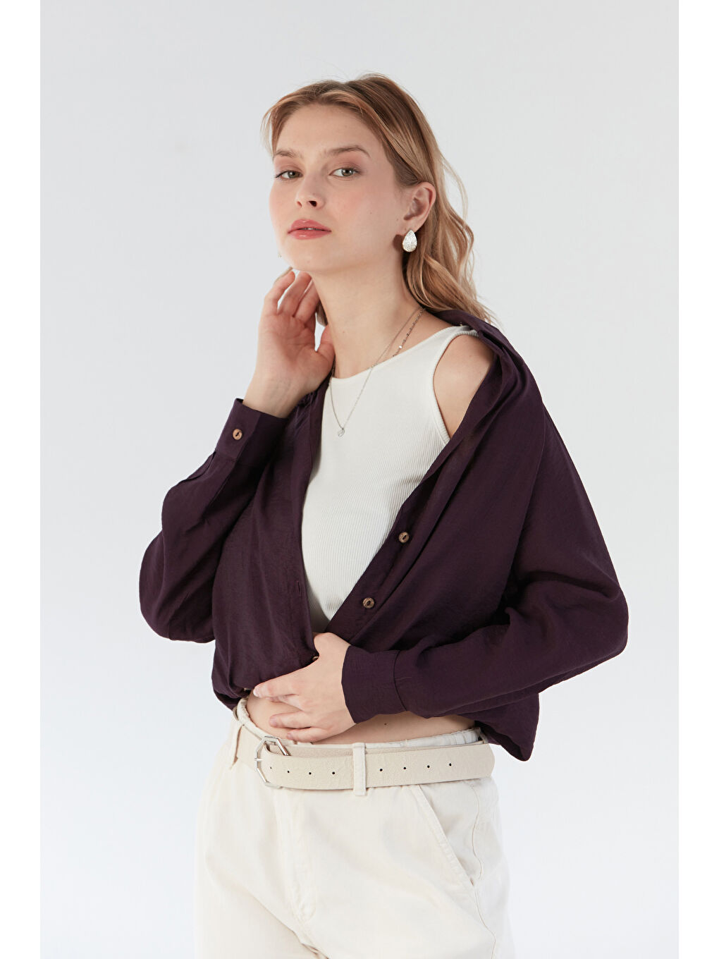 Mor Basic Body Detaylı Kolyeli Gömlek-1