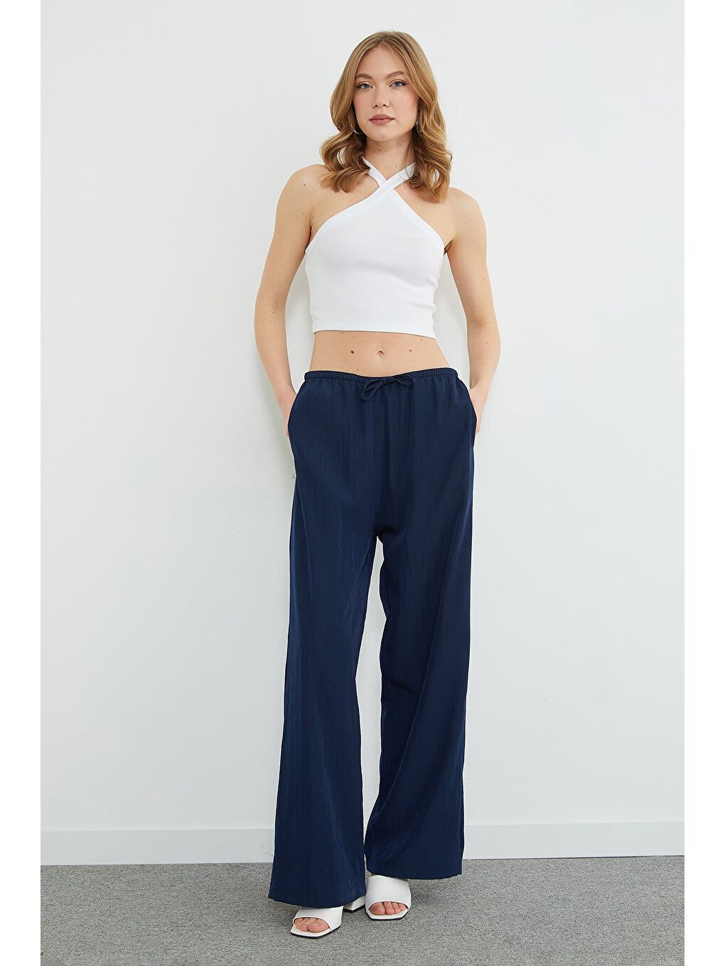 Lacivert Beli Lastikli Bağcıklı Palazzo Pantolon-1