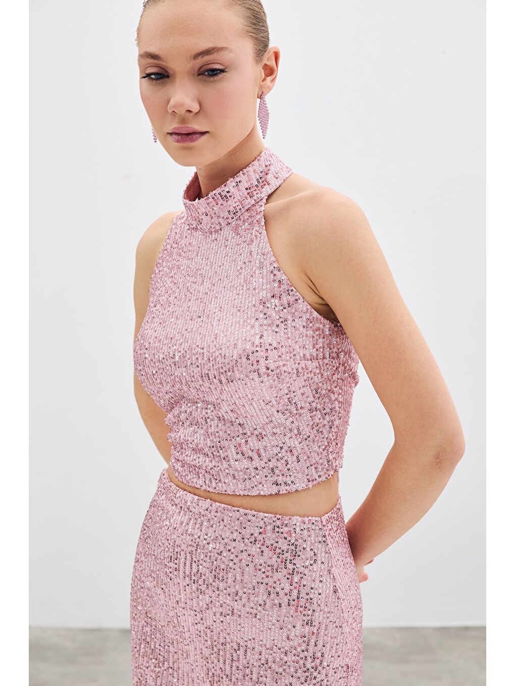 SATEEN Pembe Kolsuz Payetli Bluz - Pudra - 4