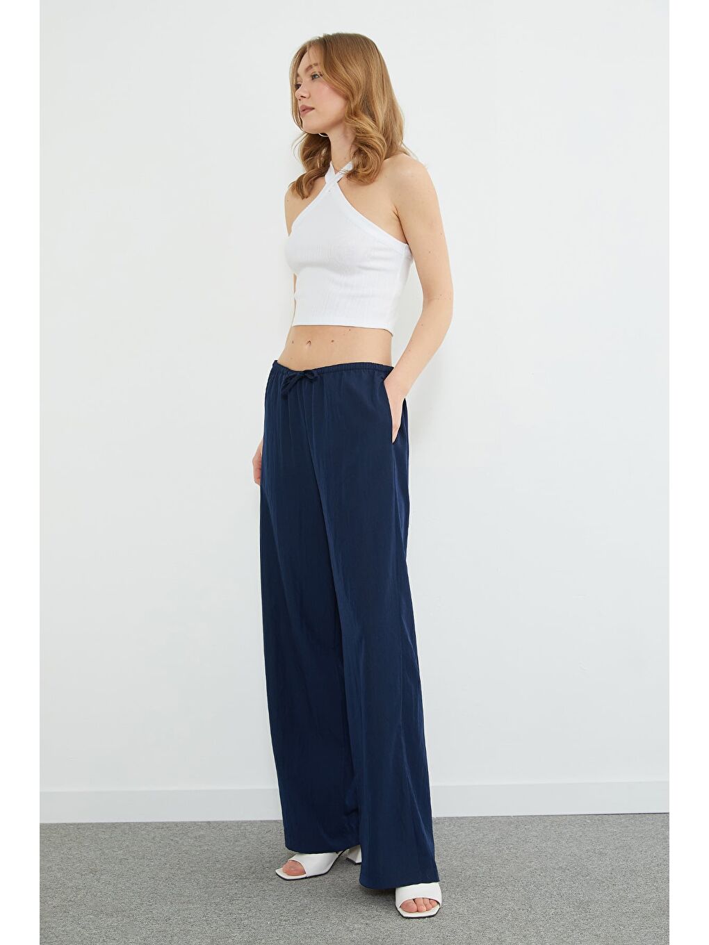 Lacivert Beli Lastikli Bağcıklı Palazzo Pantolon-2