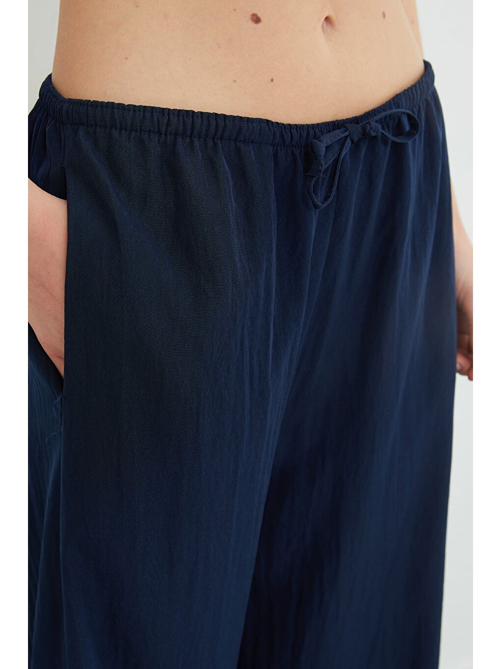 Lacivert Beli Lastikli Bağcıklı Palazzo Pantolon-3