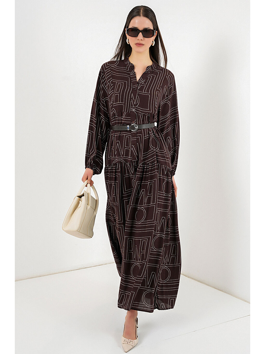 Kahverengi Kadın Desenli Uzun Tesettür Elbise 2585 - Y.Kahve