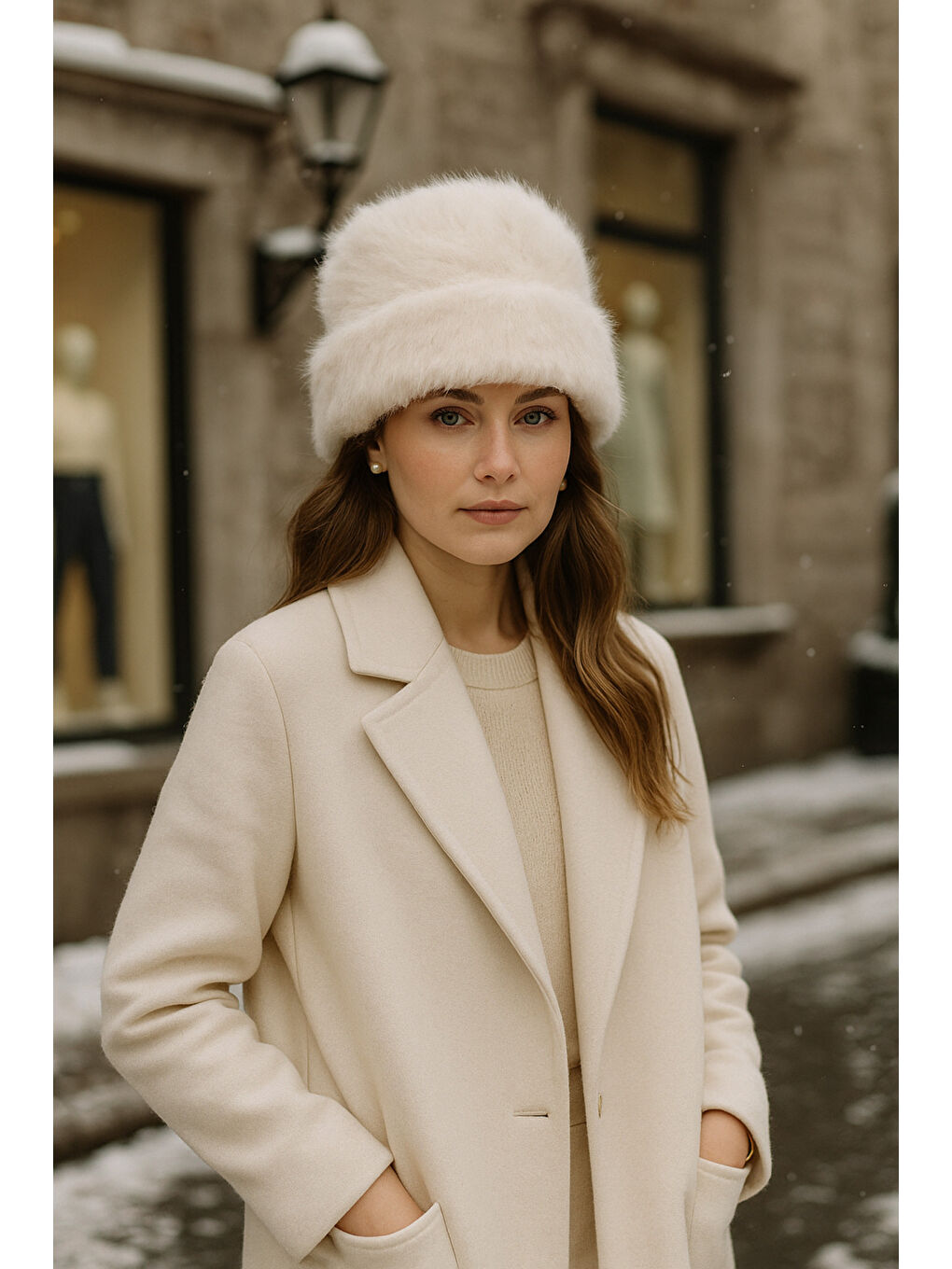 Kadın Ekru Yünlü Pelüş Bere BERE1146-1