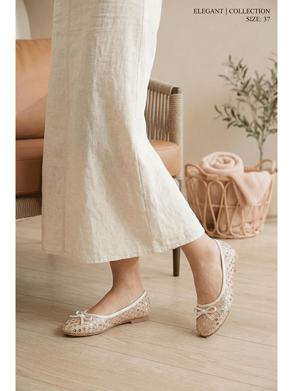 Pembe Eya Işıltılı Payet İşlemeli Kadın Babet - Rahat Tabanlı Fiyonk Detaylı Kadın Ayakkabı-1