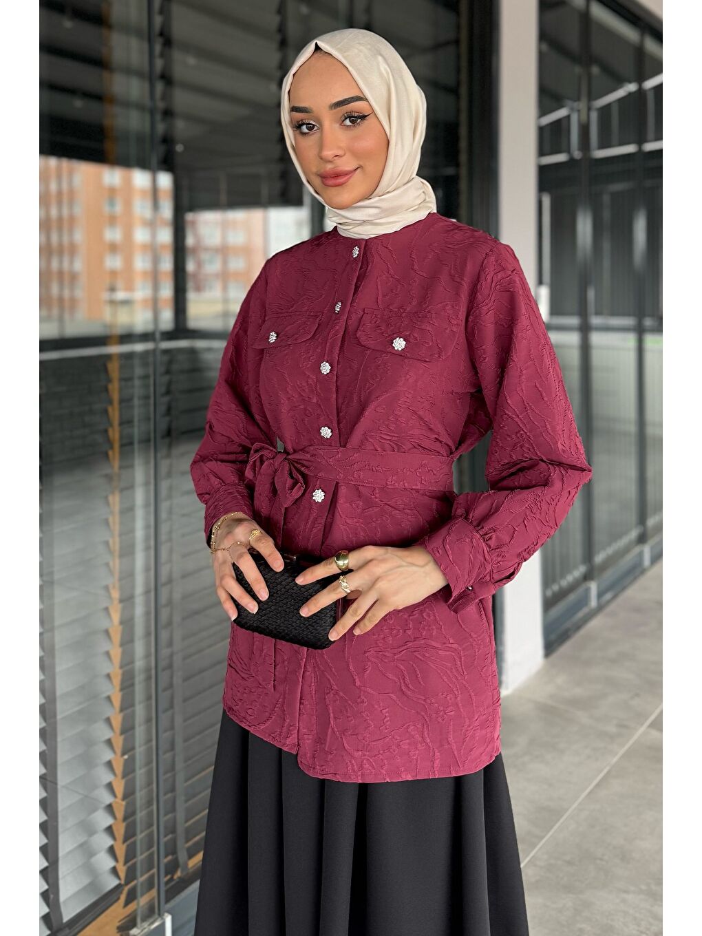 Pembe Kadın Kabartma Desenli Kuşak Detaylı Tesettür Gömlek Tunik-3