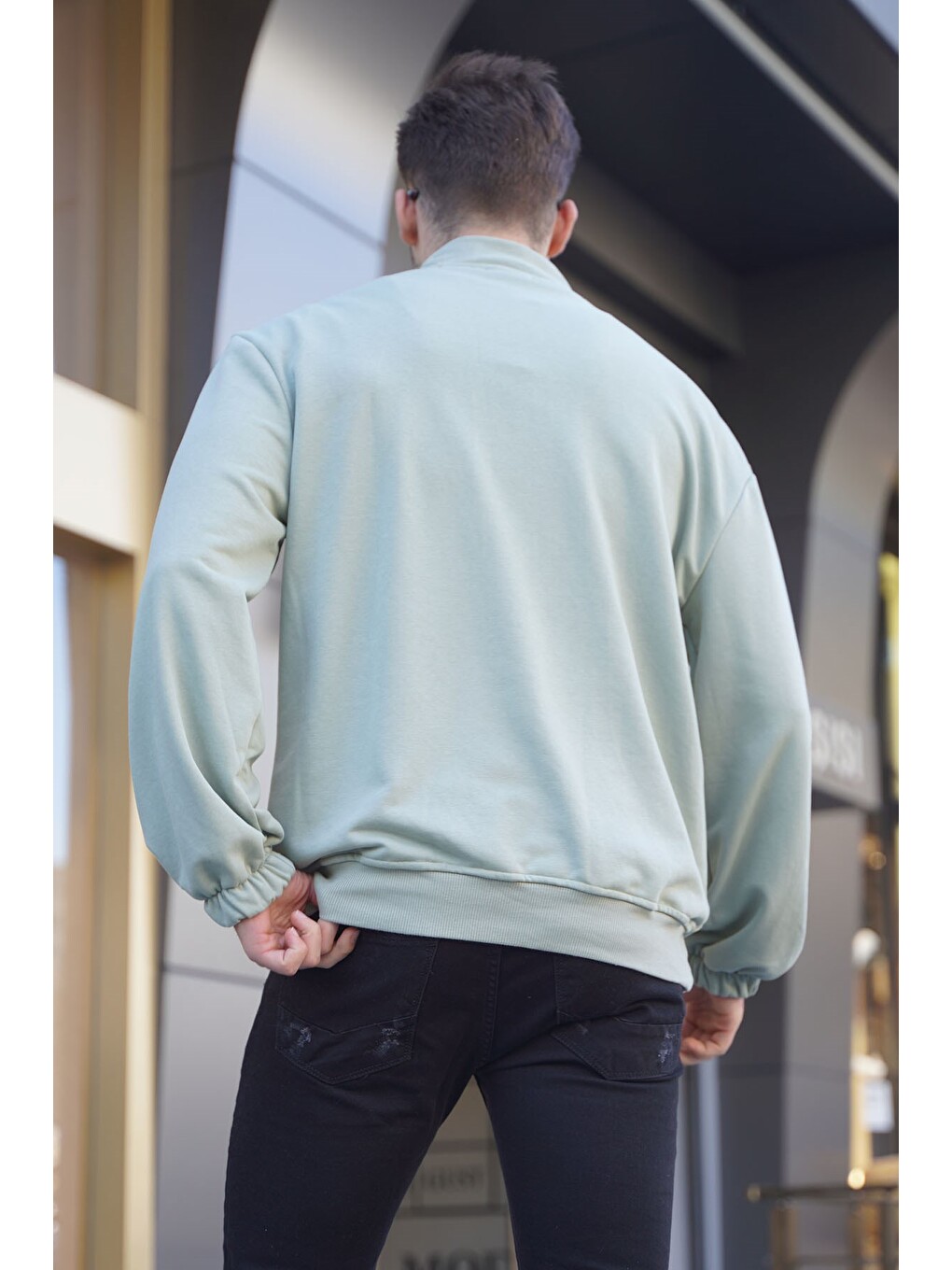 Mint Yeşili Fermuar Yakalı Nakışlı Sweatshirt 6026-1