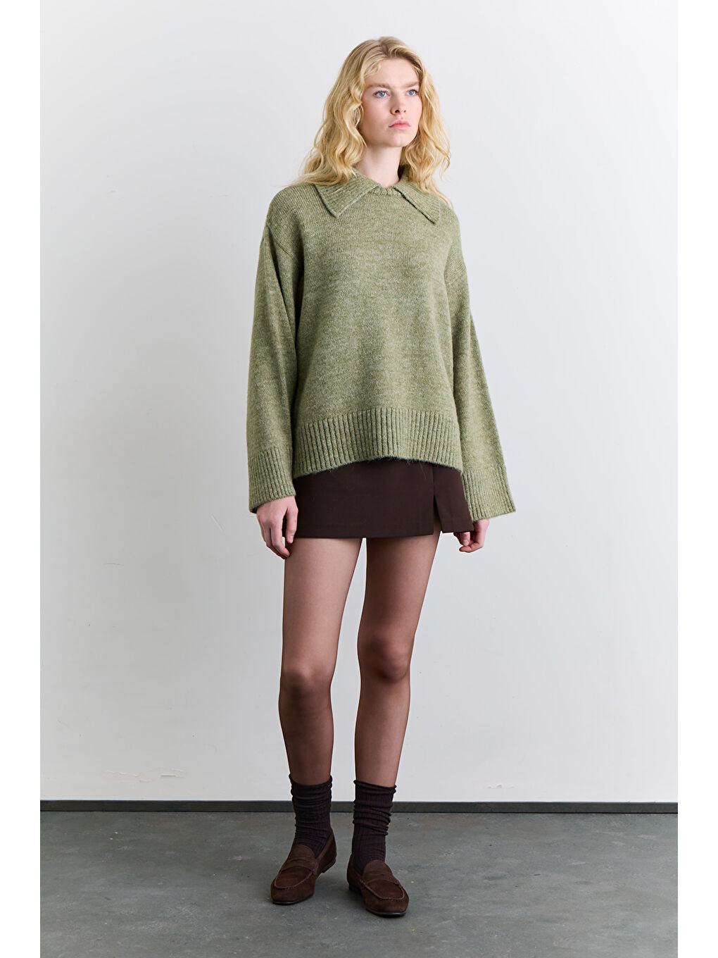 Geniş Yaka Oversıze Kazak Yeşil-2