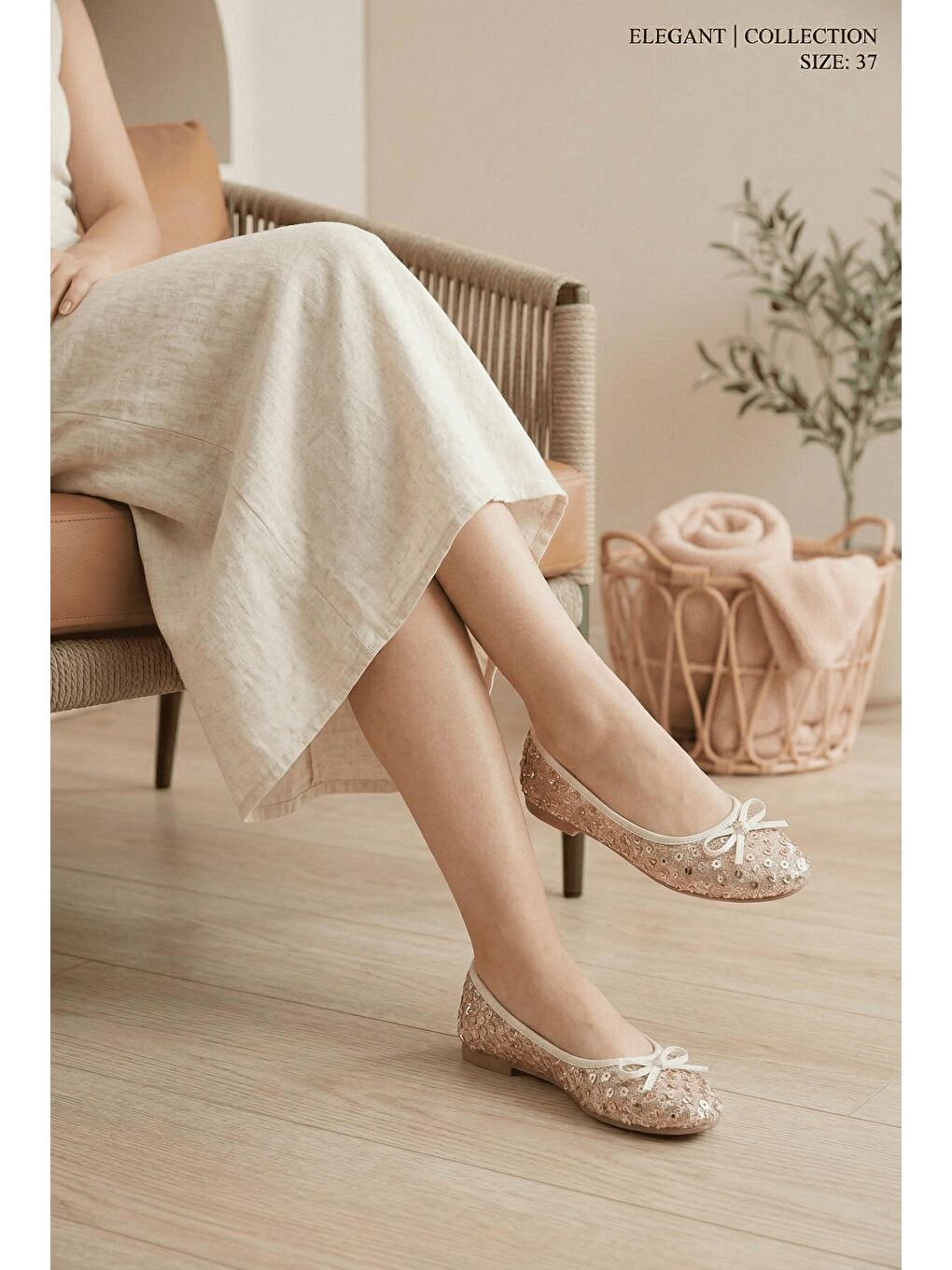 Pembe Eya Işıltılı Payet İşlemeli Kadın Babet - Rahat Tabanlı Fiyonk Detaylı Kadın Ayakkabı-2