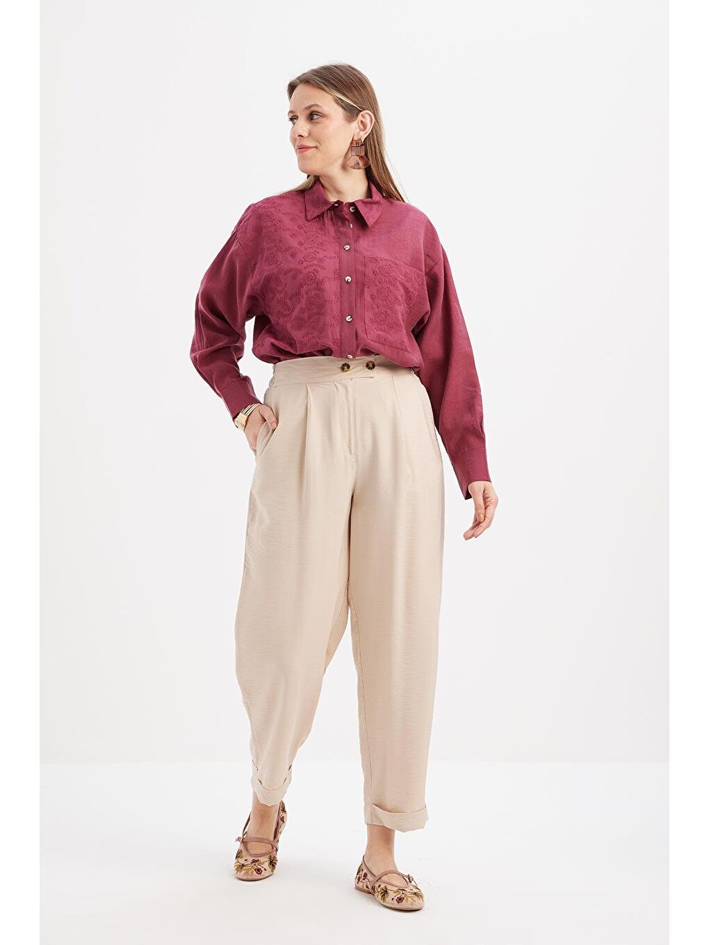 Bej-Beli Lastikli Cepli Pantolon-1