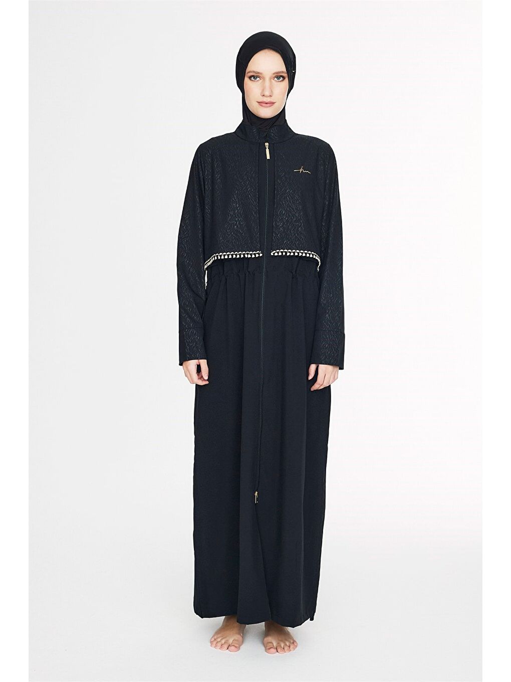 Vaha Koleksiyonu Dokulu Kumaş Siyah Tam Boy 5 Parça Tam Tesettür Mayo Takımı 5084-1